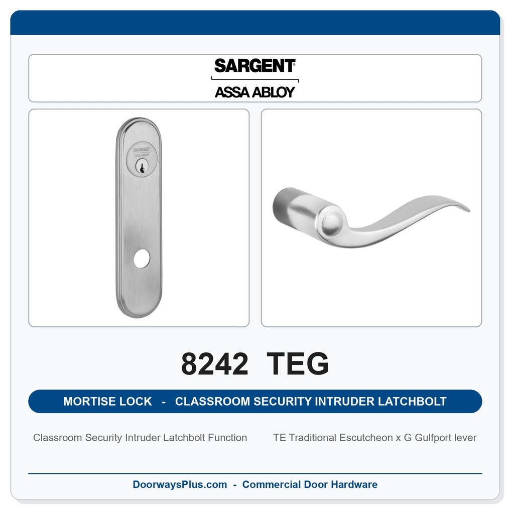 Sargent 8242 TEG Trim Classroom Security Intruder Latchbolt Mortise Lockset | LA Keyway, Grade 1 Commercial