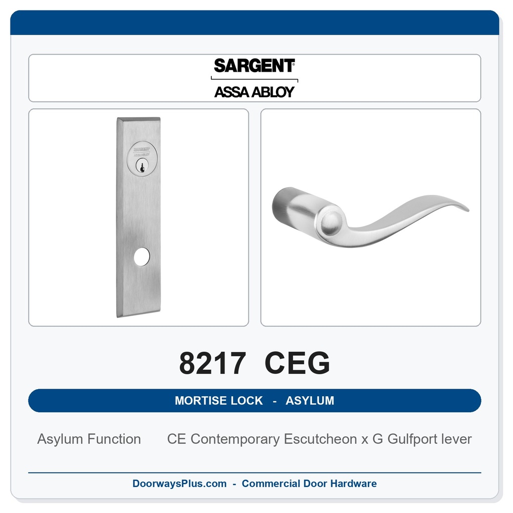 Sargent 8217 CEG Trim Asylum or Institutional Mortise Lockset | LA Keyway, Grade 1 Commercial
