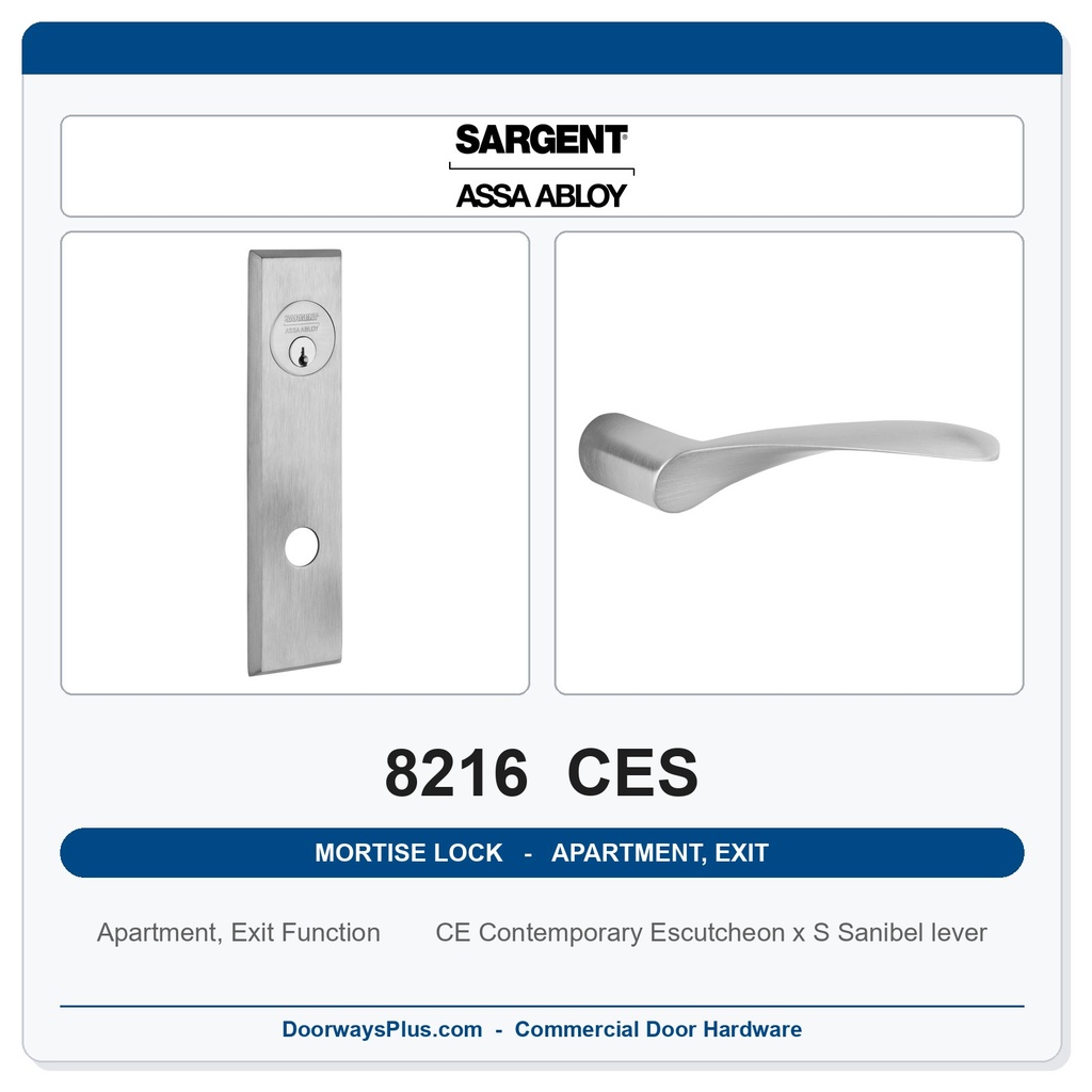 Sargent 8216 CES Trim Apartment, Exit or Public Restroom Mortise Lockset | LA Keyway, Grade 1 Commercial