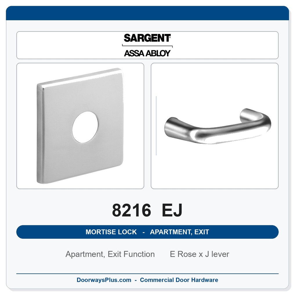 Sargent 8216 EJ Trim Apartment, Exit or Public Restroom Mortise Lockset | LA Keyway, Grade 1 Commercial