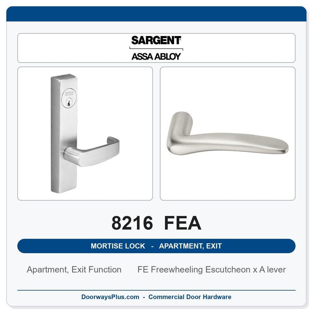 Sargent 8216 FEA Trim Apartment, Exit or Public Restroom Mortise Lockset | LA Keyway, Grade 1 Commercial