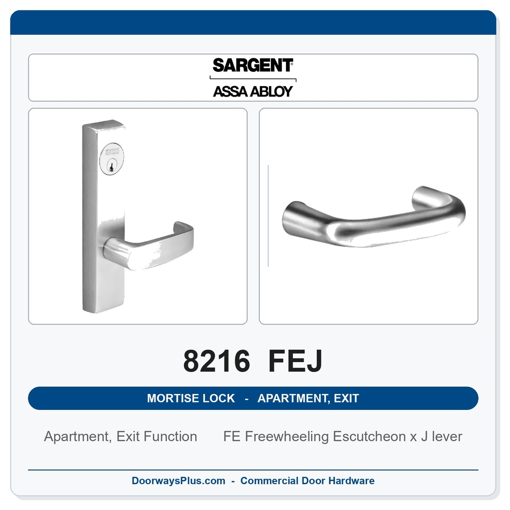 Sargent 8216 FEJ Trim Apartment, Exit or Public Restroom Mortise Lockset | LA Keyway, Grade 1 Commercial