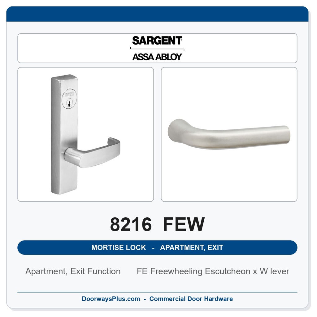Sargent 8216 FEW Trim Apartment, Exit or Public Restroom Mortise Lockset | LA Keyway, Grade 1 Commercial