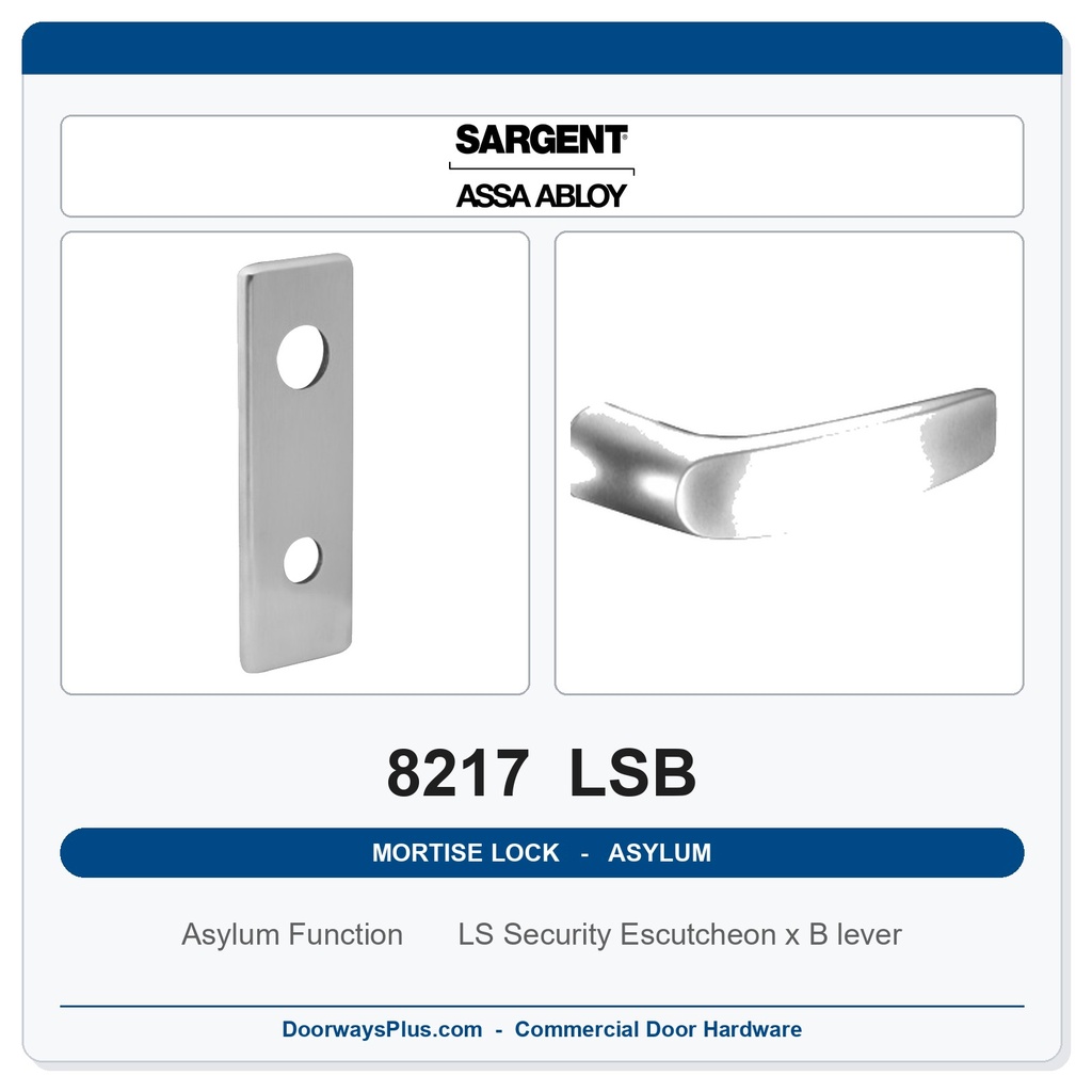 Sargent 8217 LSB Trim Asylum or Institutional Mortise Lockset | LA Keyway, Grade 1 Commercial