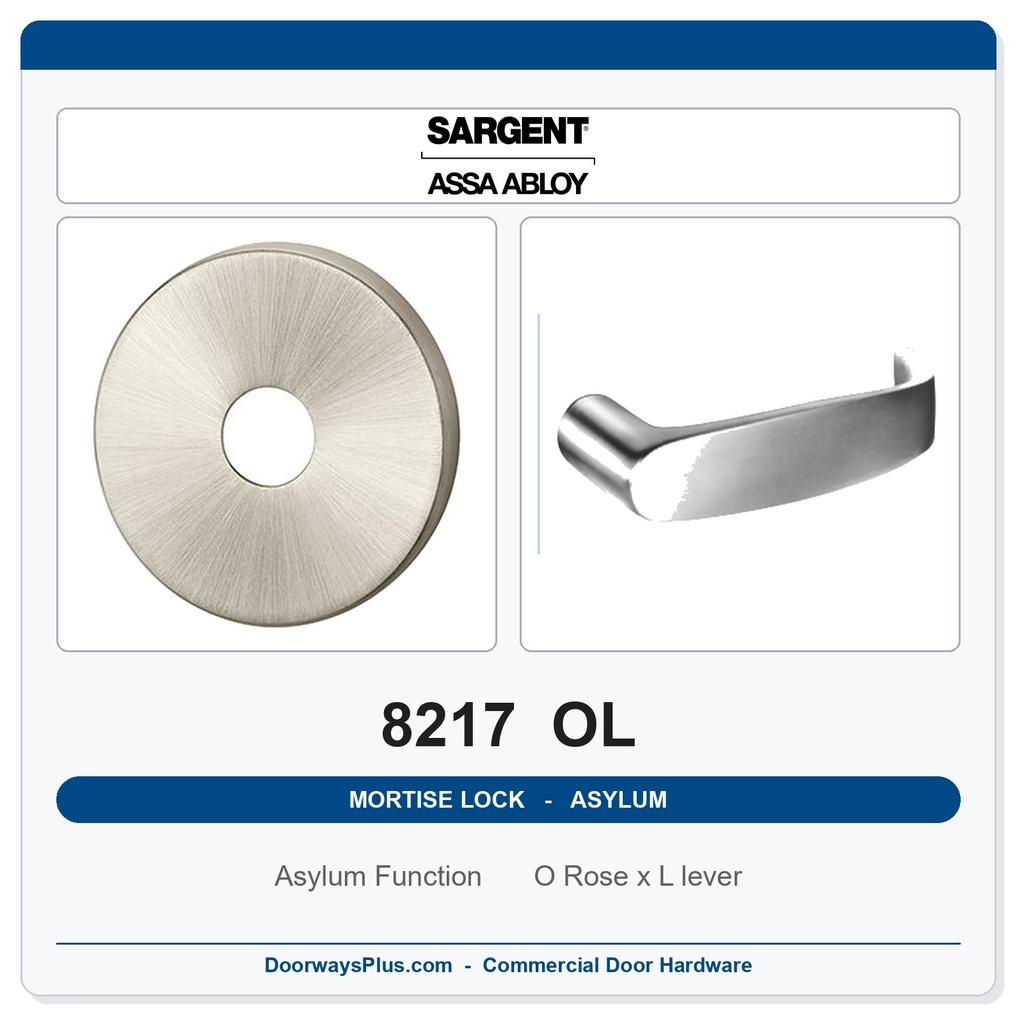 Sargent 8217 OL Trim Asylum or Institutional Mortise Lockset | LA Keyway, Grade 1 Commercial