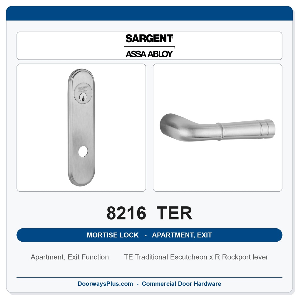 Sargent 8216 TER Trim Apartment, Exit or Public Restroom Mortise Lockset | LA Keyway, Grade 1 Commercial