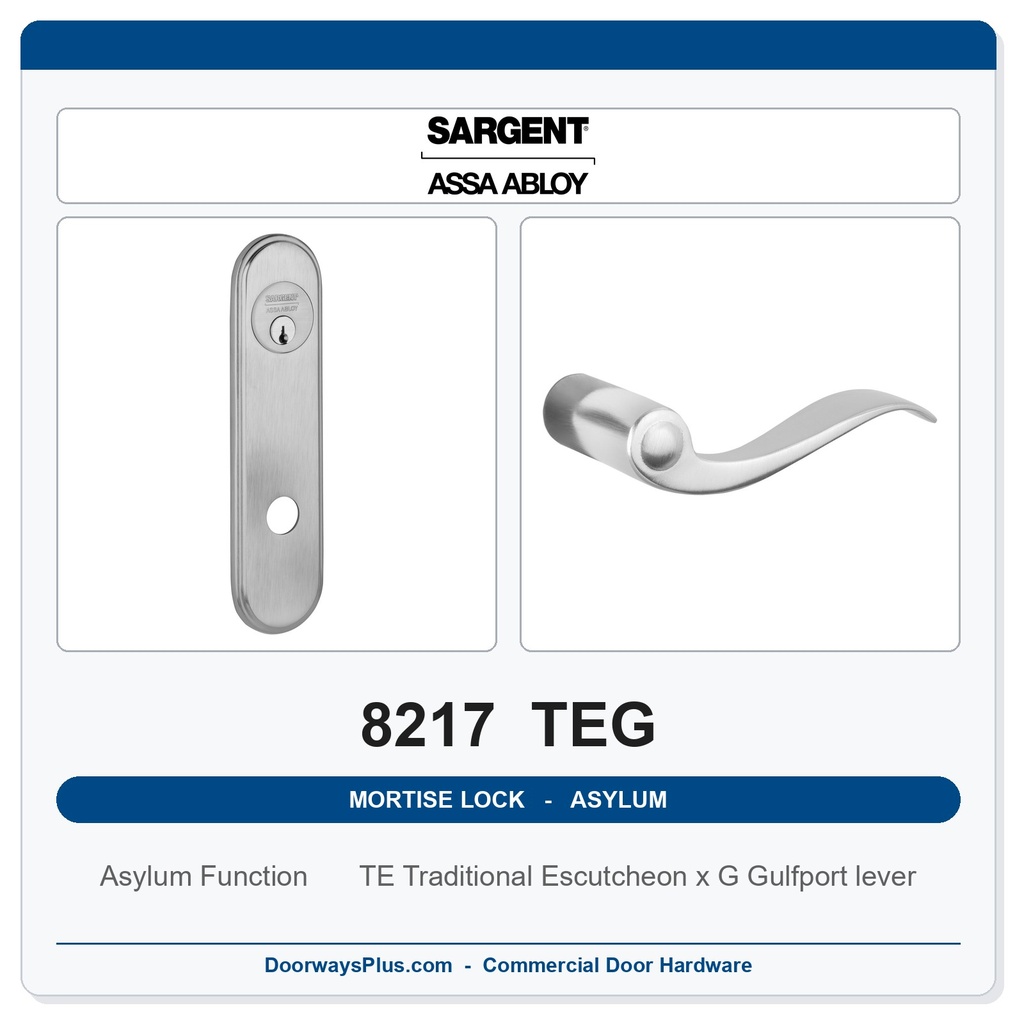 Sargent 8217 TEG Trim Asylum or Institutional Mortise Lockset | LA Keyway, Grade 1 Commercial