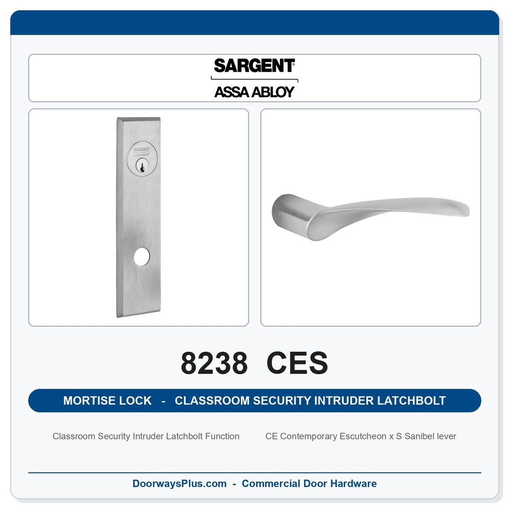 Sargent 8238 CES Trim Classroom Security Intruder Latchbolt Mortise Lockset | LA Keyway, Grade 1 Commercial