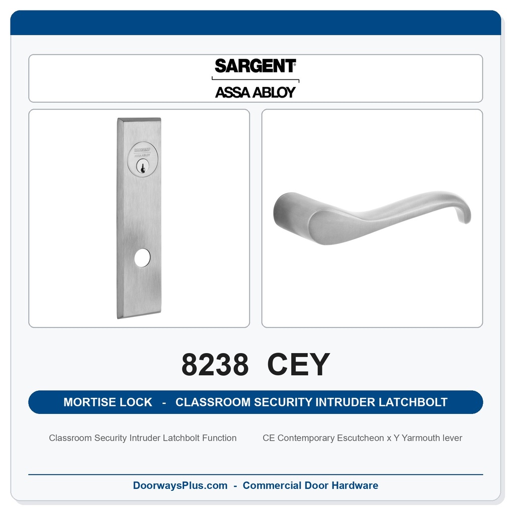 Sargent 8238 CEY Trim Classroom Security Intruder Latchbolt Mortise Lockset | LA Keyway, Grade 1 Commercial