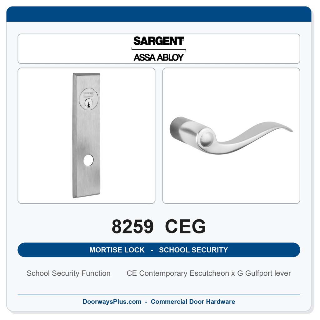 Sargent 8259 CEG Trim School Security Mortise Lockset | LA Keyway, Grade 1 Commercial