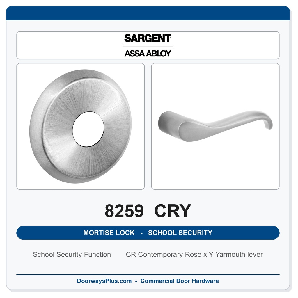 Sargent 8259 CRY Trim School Security Mortise Lockset | LA Keyway, Grade 1 Commercial