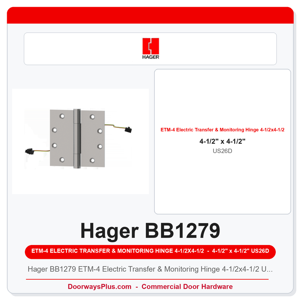 Hager BB1279 ETM-4 Electric Transfer & Monitoring Hinge 4-1/2x4-1/2 US26D 4-Wire