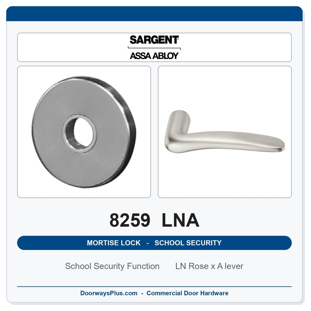Sargent 8259 LNA Trim School Security Mortise Lockset | LA Keyway, Grade 1 Commercial