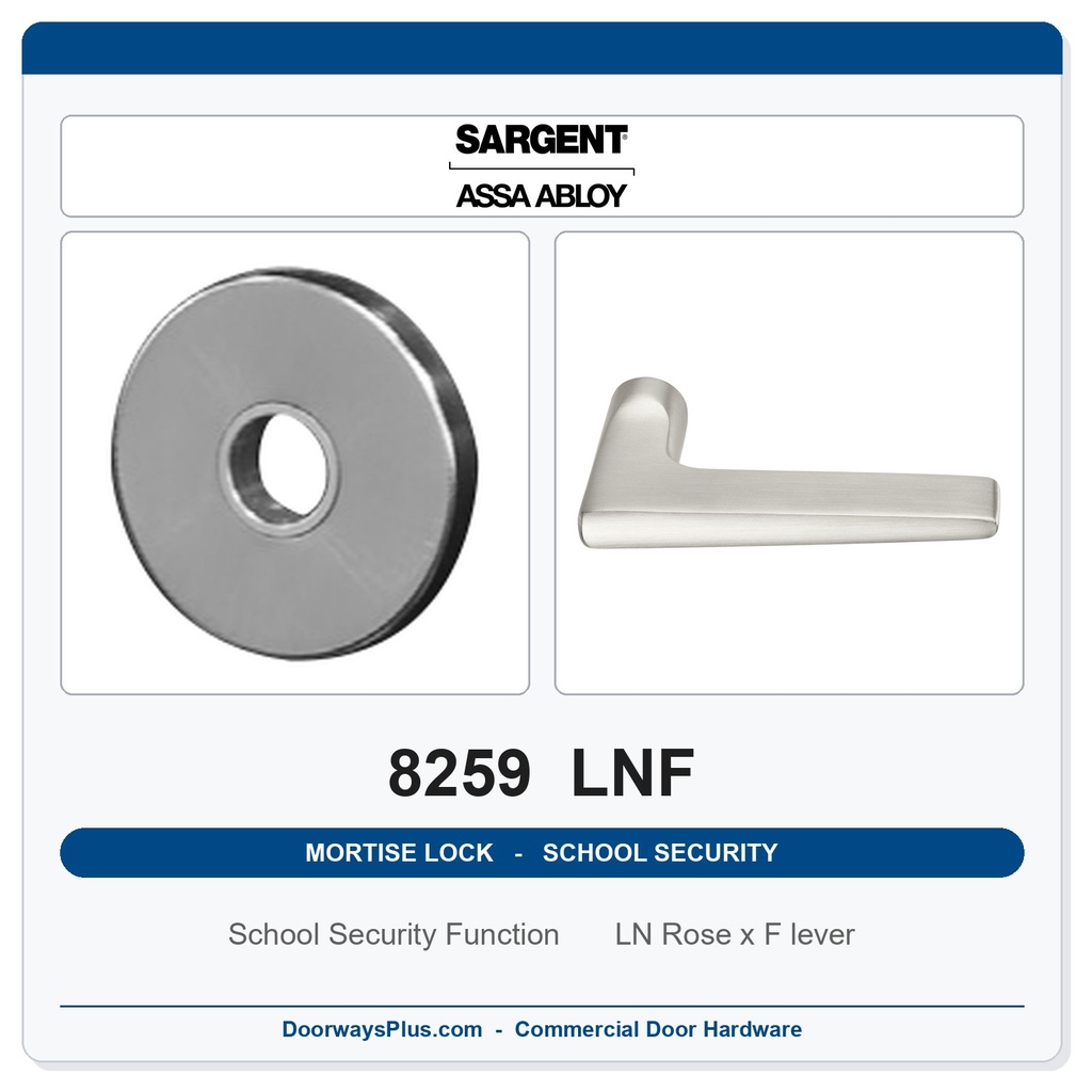 Sargent 8259 LNF Trim School Security Mortise Lockset | LA Keyway, Grade 1 Commercial