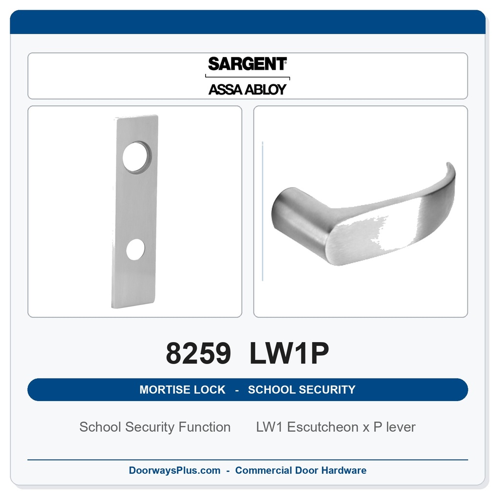 Sargent 8259 LW1P Trim School Security Mortise Lockset | LA Keyway, Grade 1 Commercial
