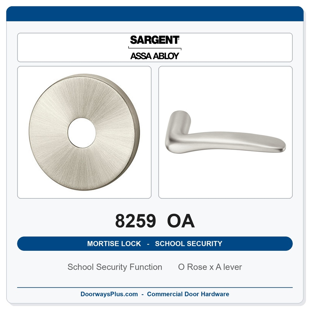 Sargent 8259 OA Trim School Security Mortise Lockset | LA Keyway, Grade 1 Commercial