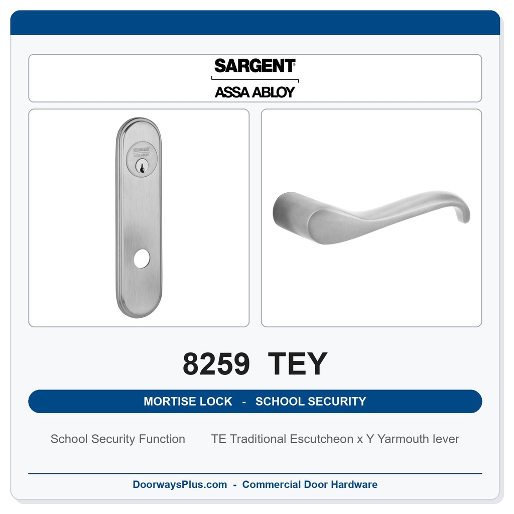 Sargent 8259 TEY Trim School Security Mortise Lockset | LA Keyway, Grade 1 Commercial