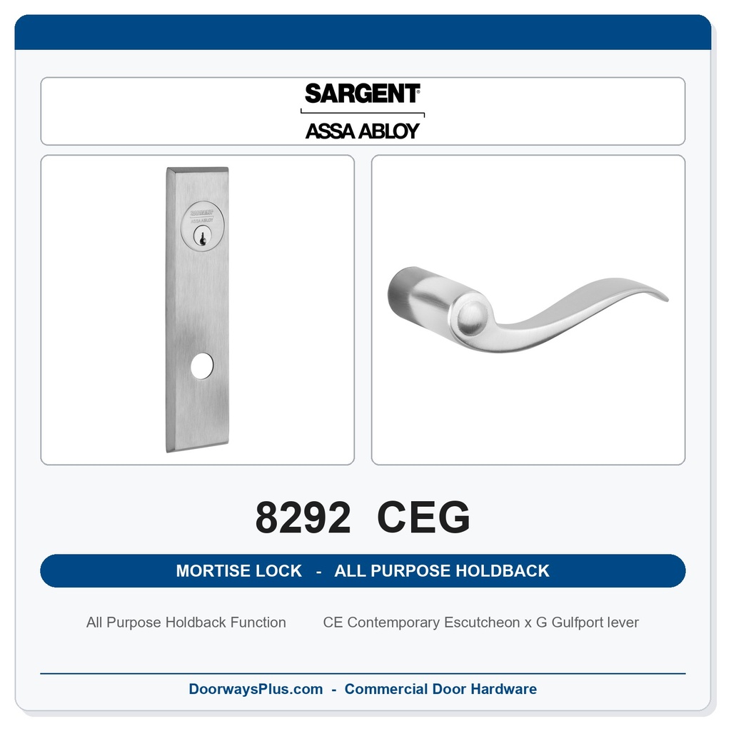 Sargent 8292 CEG Trim All Purpose Holdback Mortise Lockset | LA Keyway, Grade 1 Commercial