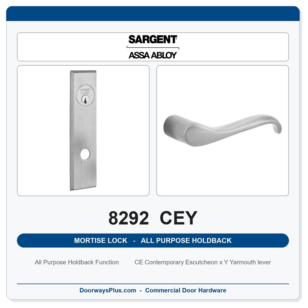 Sargent 8292 CEY Trim All Purpose Holdback Mortise Lockset | LA Keyway, Grade 1 Commercial