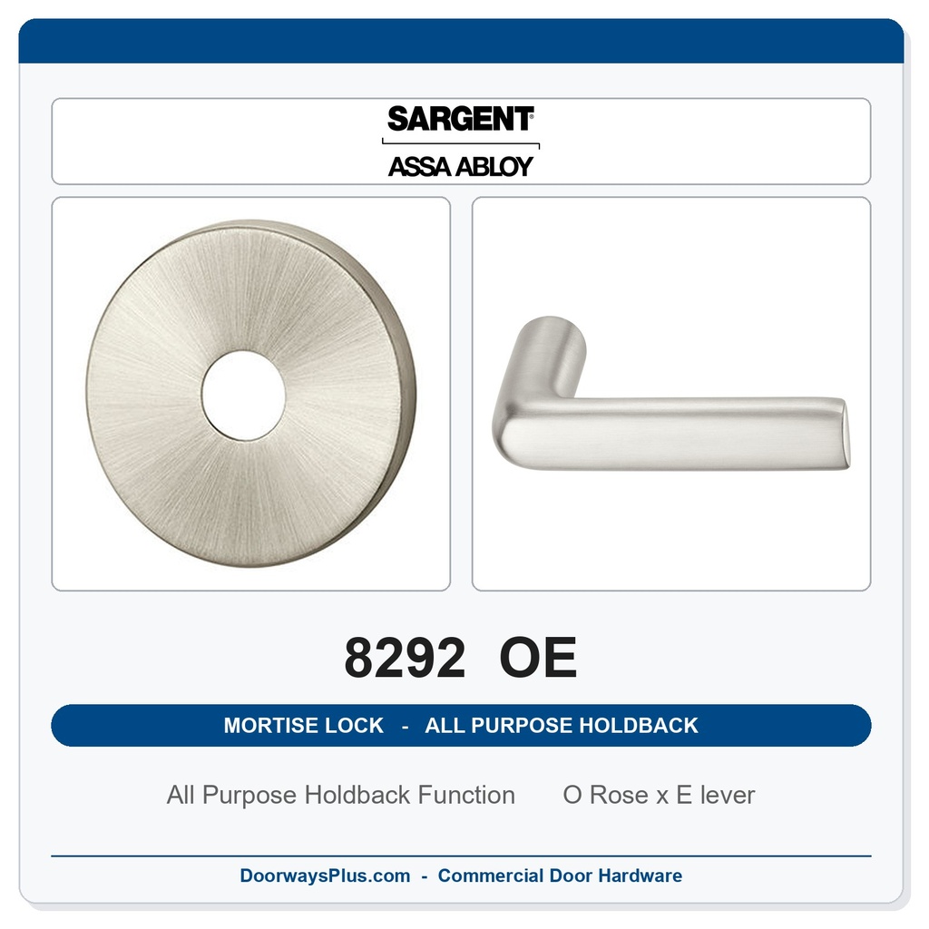 Sargent 8292 OE Trim All Purpose Holdback Mortise Lockset | LA Keyway, Grade 1 Commercial