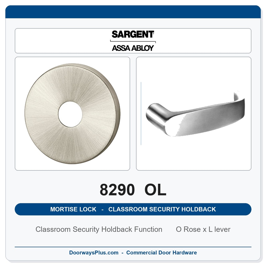 Sargent 8290 OL Trim Classroom Security Holdback Mortise Lockset | LA Keyway, Grade 1 Commercial