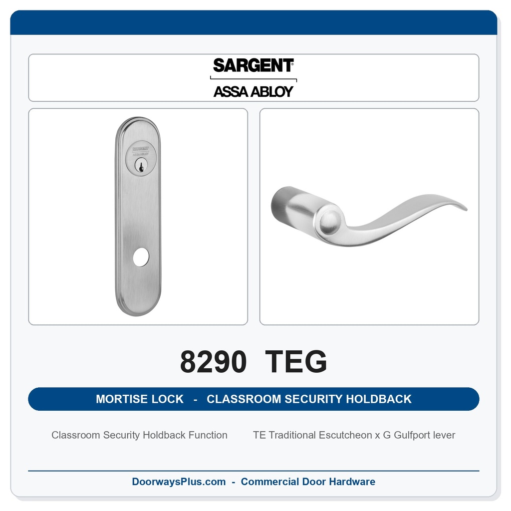 Sargent 8290 TEG Trim Classroom Security Holdback Mortise Lockset | LA Keyway, Grade 1 Commercial