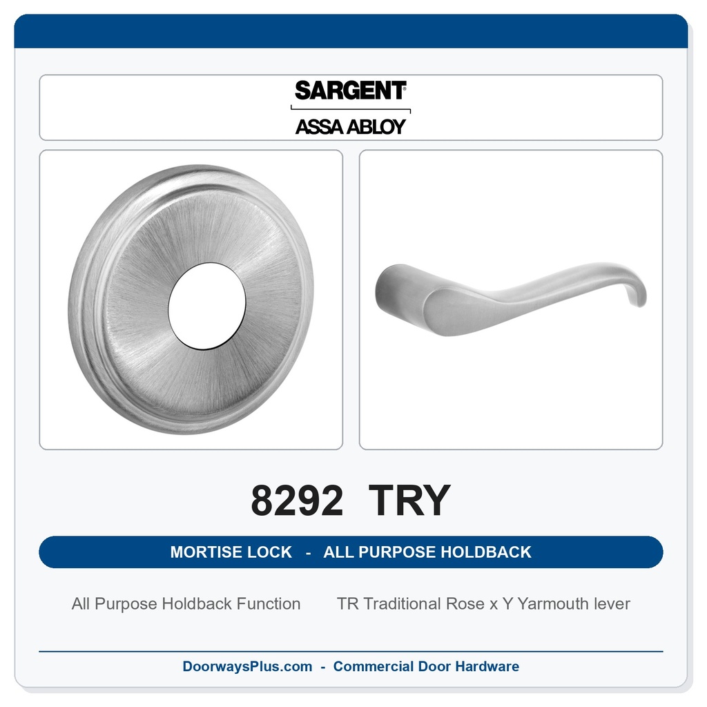 Sargent 8292 TRY Trim All Purpose Holdback Mortise Lockset | LA Keyway, Grade 1 Commercial
