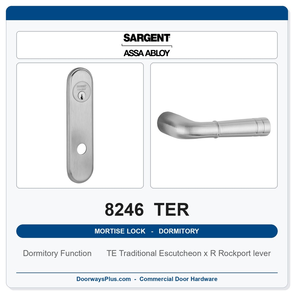 Sargent 8246 TER Trim Dormitory or Exit Mortise Lockset | LA Keyway, Grade 1 Commercial
