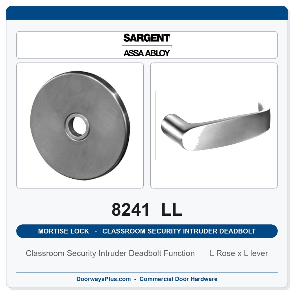 Sargent 8241 LL Trim Classroom Security Intruder Deadbolt Mortise Lockset | LA Keyway, Grade 1 Commercial