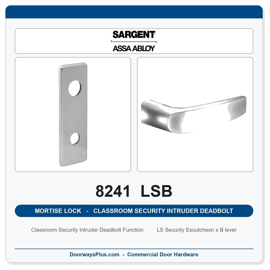 Sargent 8241 LSB Trim Classroom Security Intruder Deadbolt Mortise Lockset | LA Keyway, Grade 1 Commercial