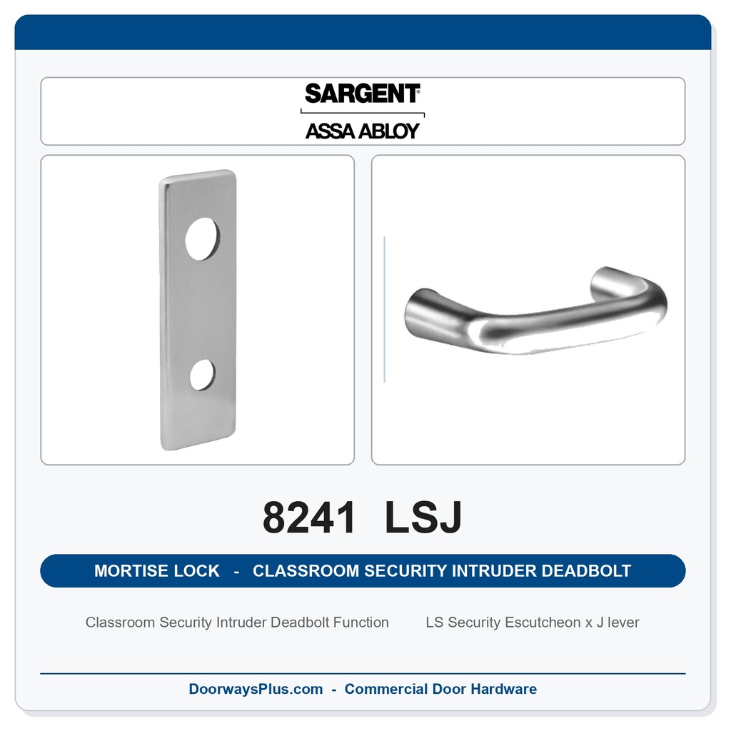 Sargent 8241 LSJ Trim Classroom Security Intruder Deadbolt Mortise Lockset | LA Keyway, Grade 1 Commercial