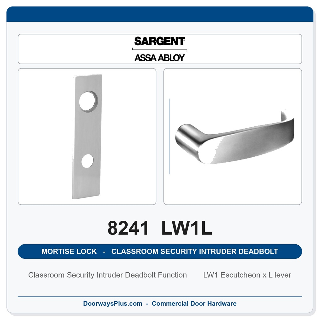 Sargent 8241 LW1L Trim Classroom Security Intruder Deadbolt Mortise Lockset | LA Keyway, Grade 1 Commercial