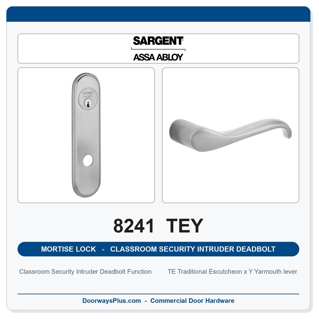 Sargent 8241 TEY Trim Classroom Security Intruder Deadbolt Mortise Lockset | LA Keyway, Grade 1 Commercial
