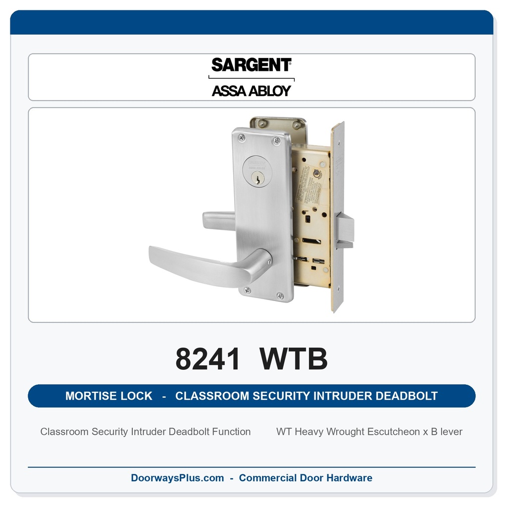 Sargent 8241 WTB Trim Classroom Security Intruder Deadbolt Mortise Lockset | LA Keyway, Grade 1 Commercial