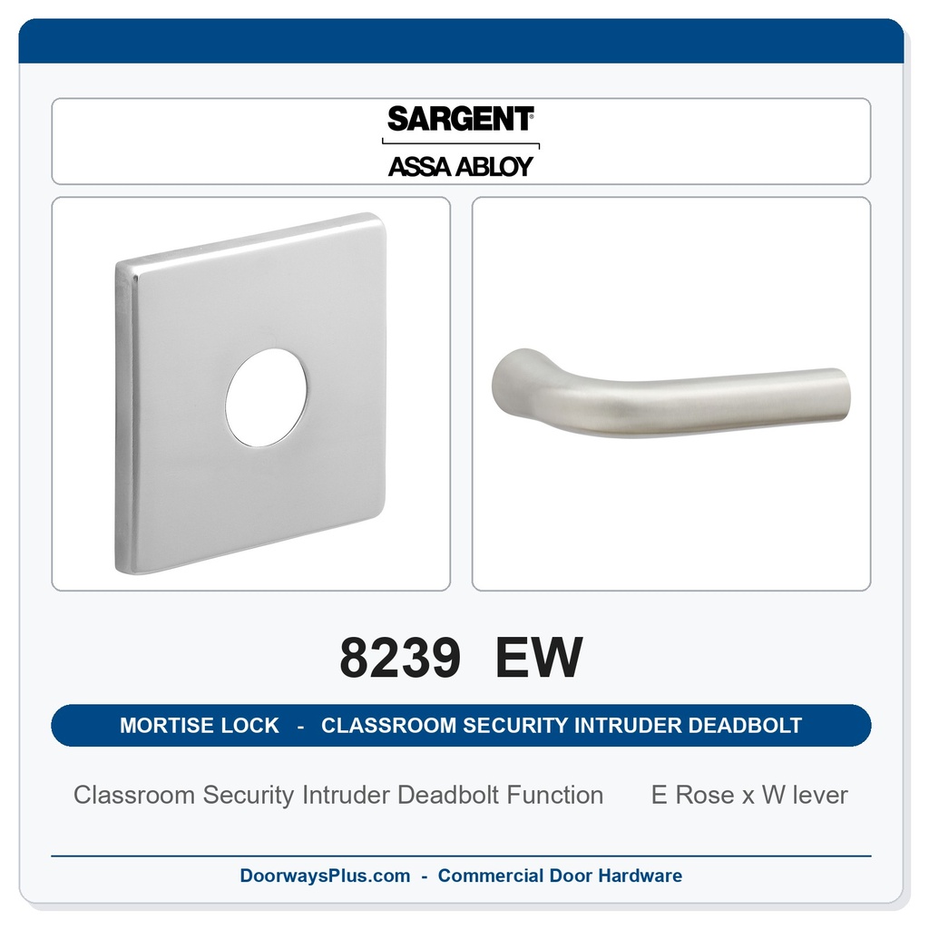 Sargent 8239 EW Trim Classroom Security Intruder Deadbolt Mortise Lockset | LA Keyway, Grade 1 Commercial