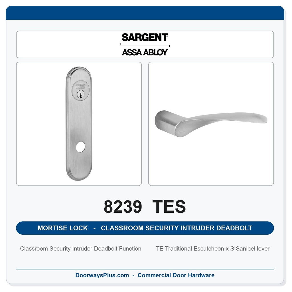 Sargent 8239 TES Trim Classroom Security Intruder Deadbolt Mortise Lockset | LA Keyway, Grade 1 Commercial
