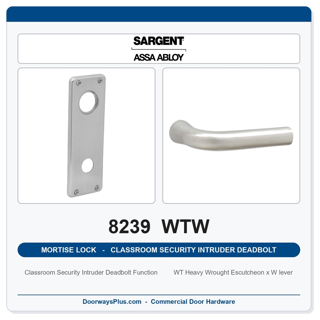 Sargent 8239 WTW Trim Classroom Security Intruder Deadbolt Mortise Lockset | Grade 1, LA Keyway