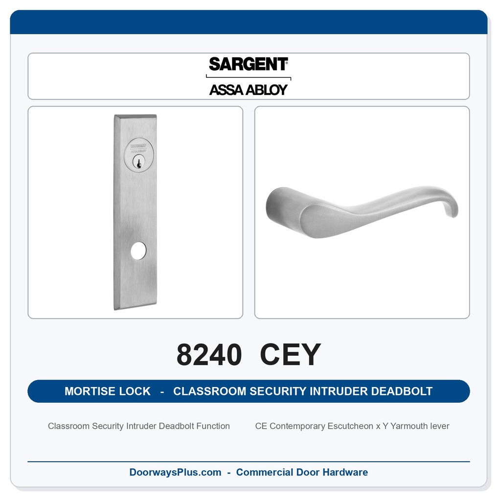 Sargent 8240 CEY Trim Classroom Security Intruder Deadbolt Mortise Lockset | LA Keyway, Grade 1 Commercial