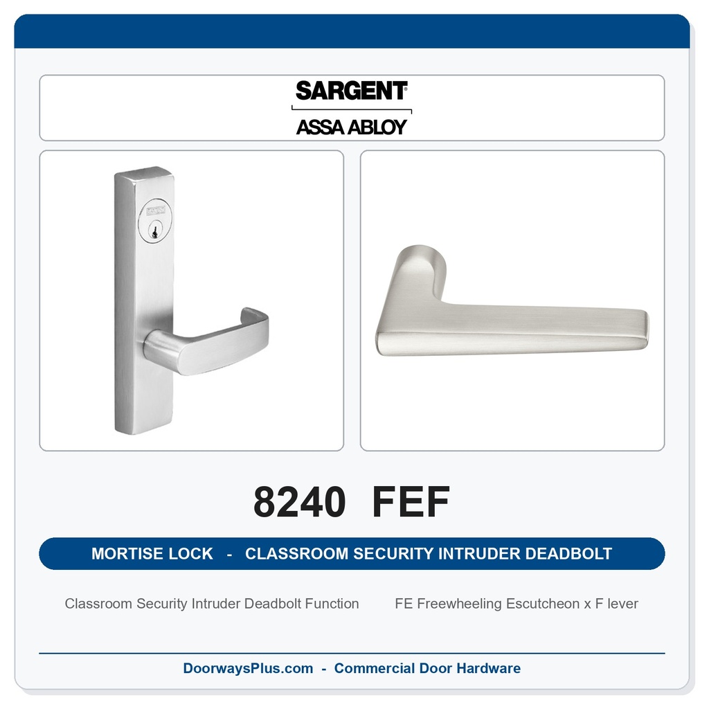 Sargent 8240 FEF Trim Classroom Security Intruder Deadbolt Mortise Lockset | LA Keyway, Grade 1 Commercial