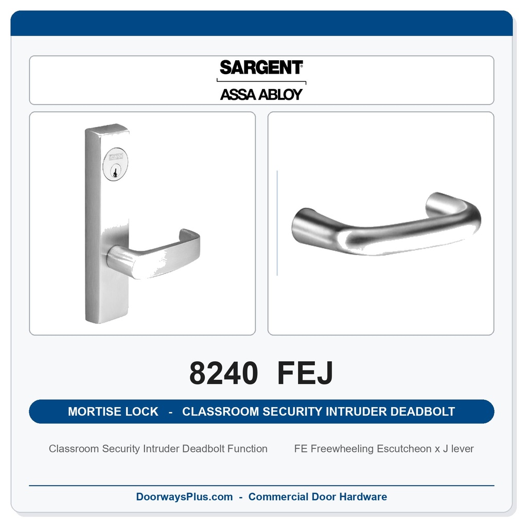 Sargent 8240 FEJ Trim Classroom Security Intruder Deadbolt Mortise Lockset | LA Keyway, Grade 1 Commercial
