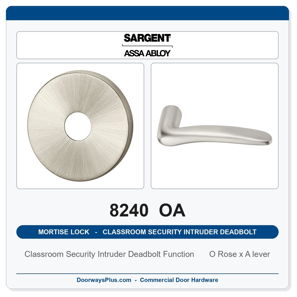 Sargent 8240 OA Trim Classroom Security Intruder Deadbolt Mortise Lockset | LA Keyway, Grade 1 Commercial