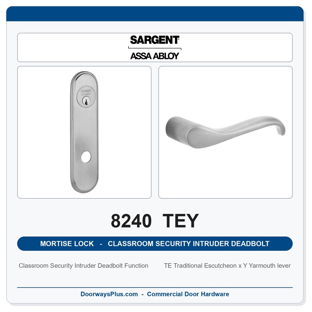 Sargent 8240 TEY Trim Classroom Security Intruder Deadbolt Mortise Lockset | LA Keyway, Grade 1 Commercial