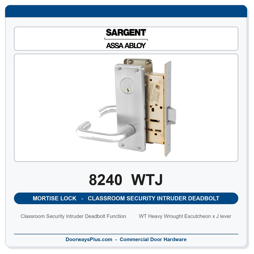 Sargent 8240 WTJ Trim Classroom Security Intruder Deadbolt Mortise Lockset | LA Keyway, Grade 1 Commercial