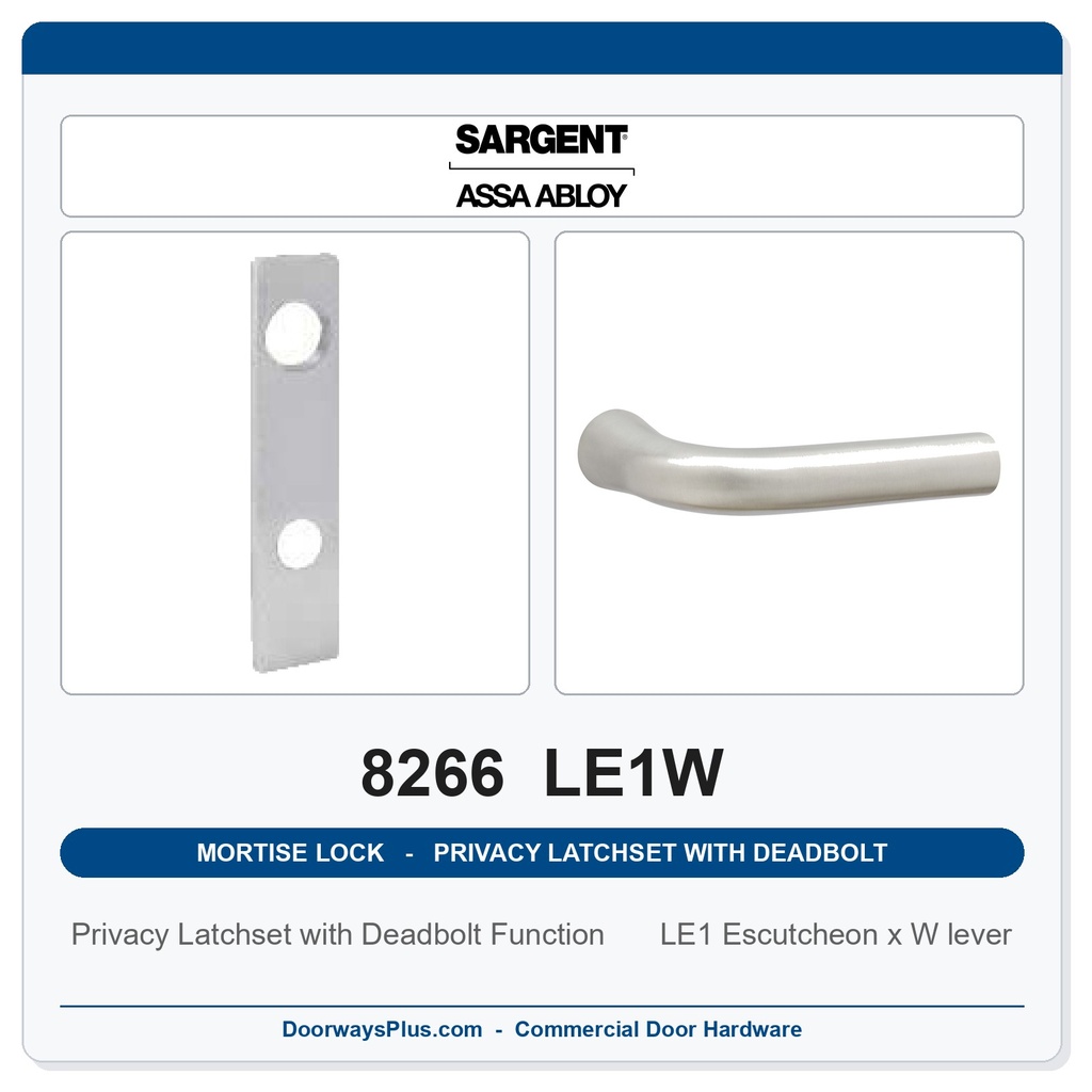 Sargent 8266 LE1W Trim Mortise Privacy Latchset with Deadbolt | Grade 1 Commercial