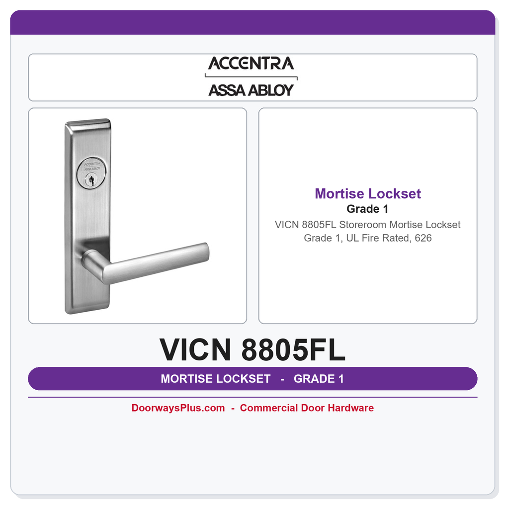 Accentra VICN 8805FL Storeroom Mortise Lockset – Grade 1, UL Fire Rated, 626