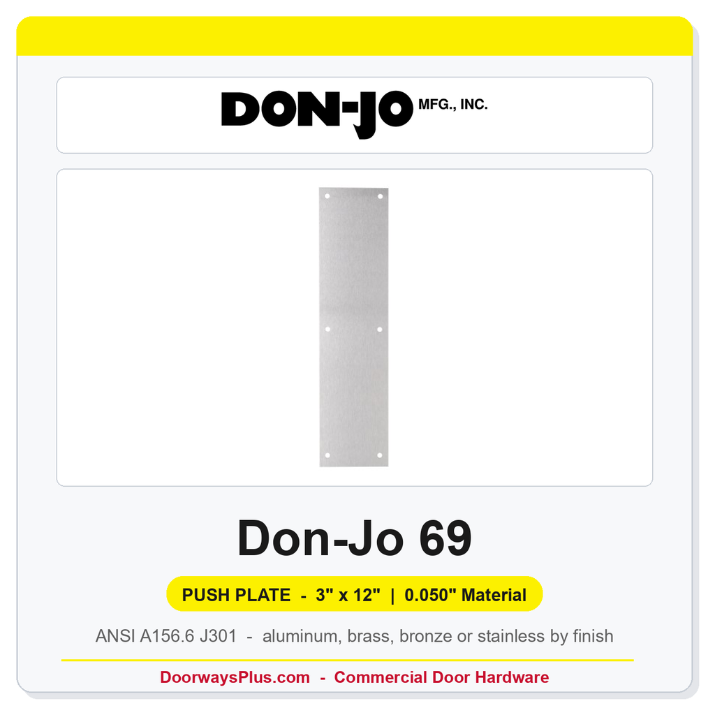 Don-Jo 69 Push Plate | 3" x 12" x 0.050" | Multiple Finishes
