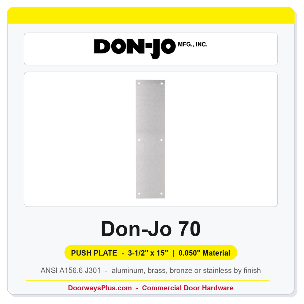 Don-Jo 70 Push Plate | 3.5" x 15" x 0.050" | 7 Finishes | ANSI J301