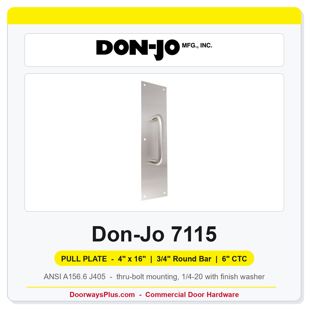Don-Jo 7115 Pull Plate | 4" x 16" | 3/4" round bar | 6" CTC