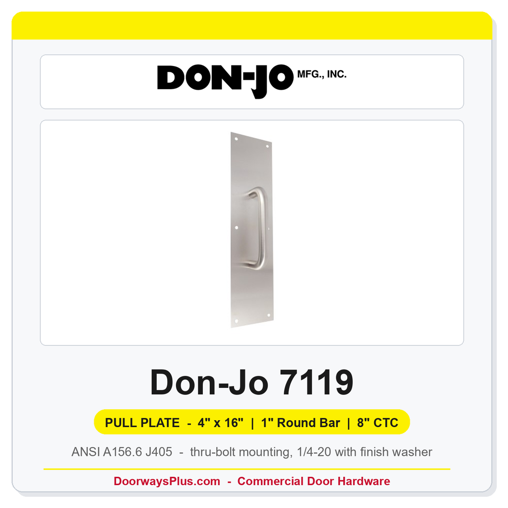 Don-Jo 7119 Pull Plate | 4" x 16" | 1" round bar | 8" CTC