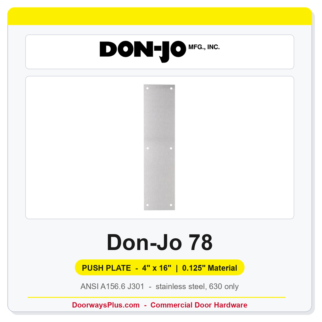Don-Jo 78 Push Plate | 4" x 16" x 0.125" | 630